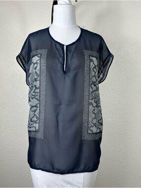 Navy Sheer Short-Sleeve Blouse with Patterned Panels